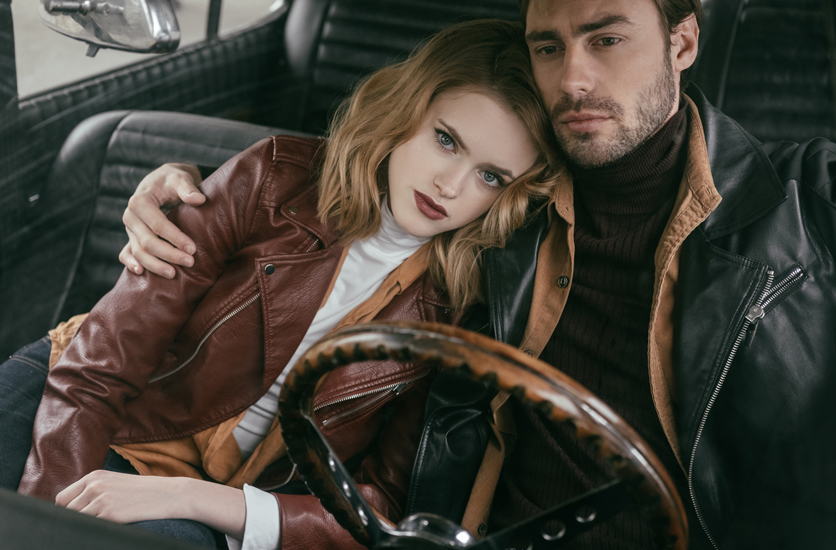 Man and women in leather jackets picture